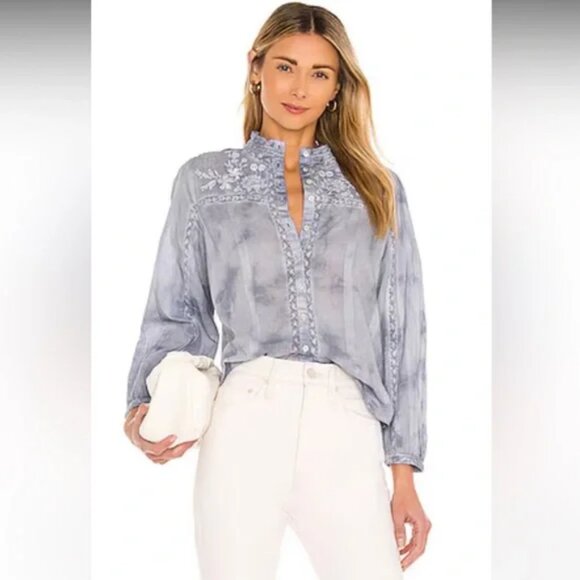 Womens LoveShackFancy Ronda Tie-Dye Blue Button Down Embroidered Top Blouse XS - Picture 1 of 14